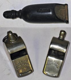 2 x Acme Thunderer Guards Whistles. L&SWR and SR together with LSWR bone whistle stamped LSWR.