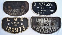 4 x D Wagon Plates. LMS 10T 1929 189973. LMS 30T 60238. B 477535 13T ASHFORD 1950. LNER 21T 302627