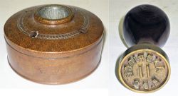 GWR Land mine ink well with glazed letters GWR together with brass sealing wax stamp. AXBRIDGE R.D.C