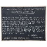 SE&CR Cast Iron Sign. FARMERS & SERVANTS CROSSING. Front repainted with back original.