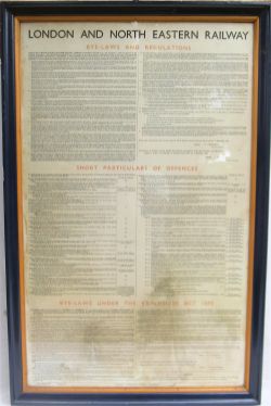 London & North Eastern Railway framed notice of Bye Laws and Regulations. Original frame.