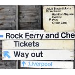 A lot containing 5 x modern railway direction signs. ROCK FERRY. TICKETS. WAY OUT with arrow.