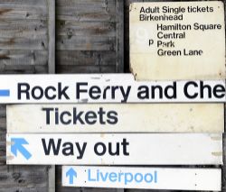 A lot containing 5 x modern railway direction signs. ROCK FERRY. TICKETS. WAY OUT with arrow.