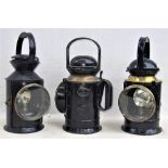 3 x Railway Guards Handlamps. GWR Porters single aspect lamp stamped GWR. 3 aspect GWR handlamp with