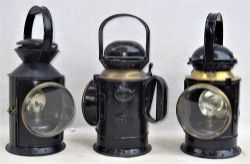 3 x Railway Guards Handlamps. GWR Porters single aspect lamp stamped GWR. 3 aspect GWR handlamp with