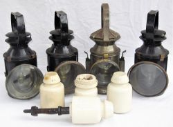 A lot containing 4 x Railway Guards Handlamps. 3 x BR with 1 x WD together with 3 GWR telegraph