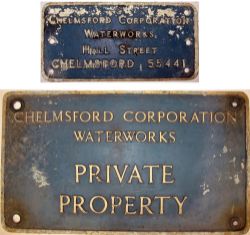 2 x Waterworks Signs. Cast aluminium CHELMSFORD CORPORATION WATERWORKS - PRIVATE PROPERTY together