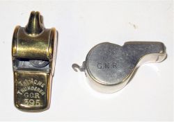 2 x Acme Thunderer Guards Whistles. GCR 395 and GNR.