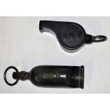 2 x GWR Guards Whistles. Bakelite example embossed GWR together with bone whistle marked GWR with