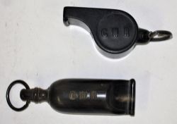 2 x GWR Guards Whistles. Bakelite example embossed GWR together with bone whistle marked GWR with