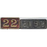 Brass number plate 22 together with cast iron number plate, 2182. Both original condition.