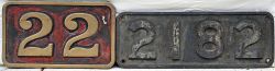 Brass number plate 22 together with cast iron number plate, 2182. Both original condition.