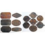 13 x Cast Iron Wagon Plates all devoid of paint. OWNERS BENZOLE PRODUCERS No 332. OWNERS SHELL MEX &