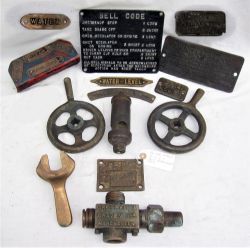 A Lot containing a variety of steam locomotive parts. 2 x brass injector wheels. Gauge glass