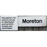 A lot containing 2 x Black & white railway direction signs. MORETON and a wall mounted sign in