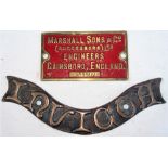 Brass makers plate. MARSHALL SONS & CO (SUCCESSORS) LTD No 88110 together with other name plate