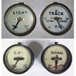 4 x SR Brass case signal box shelf repeaters. LIGHT and TRACK SR and SIGNAL. Original Condition.