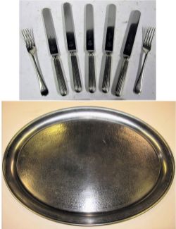 LNER Silver plated oval dish engraved LNER in scroll together with 5 GWR knives and 2 Forks all