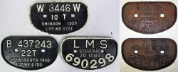 5 x D Wagon Plates. W 3446 W 10 Ton SWINDON 1955. B 437243 22 Ton CHAS ROBERTS. LMS 20 Tons