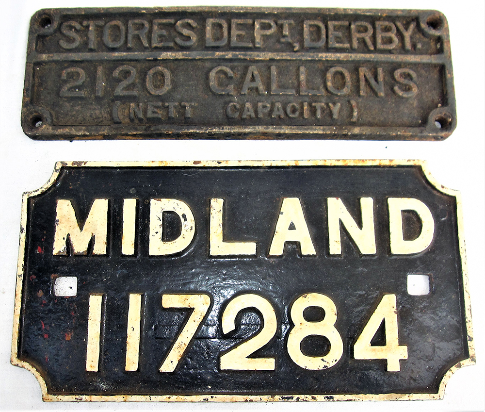 2 x cast iron Wagon Plates. STORES DEPT DERBY 2120 GALLONS and MIDLAND 117284 repainted front.