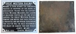 GWR Cast Iron Sign. WARNING IS GIVEN AGAINST THE DANGEROUS PRACTICE OF PROPPING UP THE DOORS OF