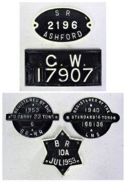 A Lot containing 5 x Wagon Plates. SR ASHFORD 2196. GW17907. BR 10A JUL 1953. BRWR reg to carry 23