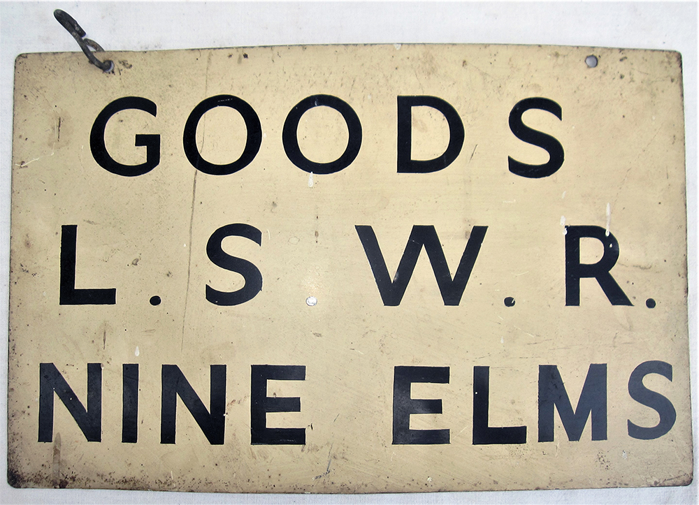 Metal painted hanging sign. GOODS L.S.W.R NINE ELMS. In good original condition still with one