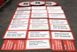 A lot containing a large collection of 26 railway warning signs to include 5 MPH. DANGER DO NOT