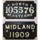 2 x cast iron Wagon Plates. NORTH 105576 EASTERN together with MIDLAND 11909.