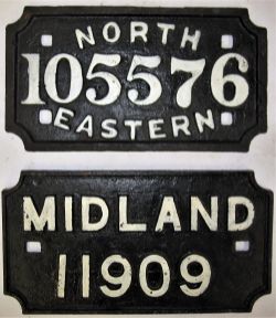 2 x cast iron Wagon Plates. NORTH 105576 EASTERN together with MIDLAND 11909.