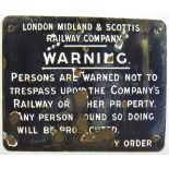 Enamel LMSR Trespass Sign. WARNING NOT TO TRESPASS on the Railway. In poor condition needing