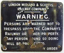 Enamel LMSR Trespass Sign. WARNING NOT TO TRESPASS on the Railway. In poor condition needing