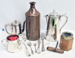 A lot containing mostly railway EPNS silverware. GWR garter coffee pot. GWR tea pot with GWR on