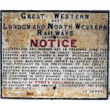 GWR & LNWR Joint Railway cast iron Gate Notice. ALL PERSONS ARE WARNED NOT TO TRESPASS ON THE