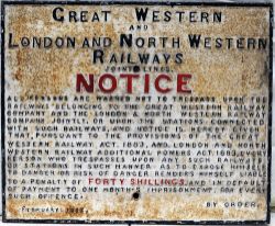 GWR & LNWR Joint Railway cast iron Gate Notice. ALL PERSONS ARE WARNED NOT TO TRESPASS ON THE