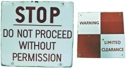 2 x Enamel railway signs. STOP DO NOT PROCEEED WITHOUT PERMISSION together with a LIMITED