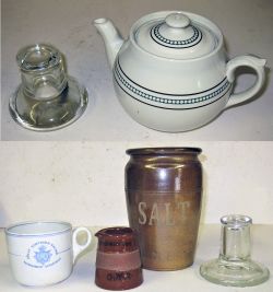 A Lot containing 6 items. LNER salt glazed Jar. GNR Cream jug glazed GNR REFRESHMENT DEPT. LNER