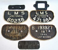 A Lot containing 7 x cast iron Wagon Plates. D Plate LMS 30T 60238. LMS STANDARD 12T 471984. B