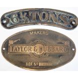 Brass makers crane plate TAYLOR & HUBBARD together with unknown loading plate 6 1/2 tons. TAYLOR &