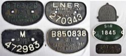 4 x Cast Iron Wagon Plates to include D Plates B763726 12 T WOLVERTON 1955. LNER 270343 16 T 1946. M