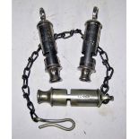 3 x Railway Police Whistles. LMS ARP. BR. L&NWR with chain all in good condition.