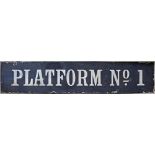 Enamel dark blue PLATFORM No 1 sign. Faded with edge chipping possibly Midland Railway.