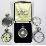 A Lot containing 5 x Fob watches. Silver plated BENSON complete with case. BRWR Stop Watch. BRWR