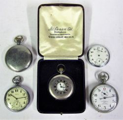 A Lot containing 5 x Fob watches. Silver plated BENSON complete with case. BRWR Stop Watch. BRWR