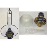 GWR Signal Box oil hanging lamp complete with hoop and chimney together with brass hanging or wall