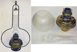 GWR Signal Box oil hanging lamp complete with hoop and chimney together with brass hanging or wall