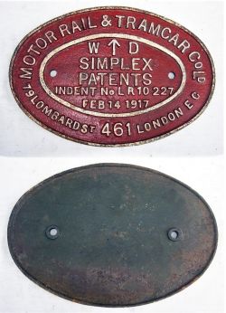 Cast Iron Works Plate. MOTOR RAIL & TRAMCAR Co LTD. WD 1917. Established about 1911 until 1931