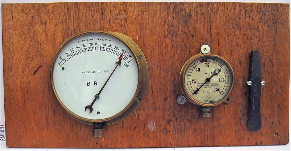 Two Pressure Gauges. BR 0 - 250 PSI and SR 0 - 150 PSI together with a GCR stamped metal chisel