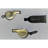 3 x L&NWR Guards Whistles. 2 x Acme Thunderer's stamped L&NWR together with 1 x bone whistle stamped