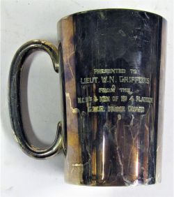 Silver plated pint tankard engraved, PRESENTED TO LIEUT W.N. GRIFFITHS FROM THE NCOs AND MEN OF No 4